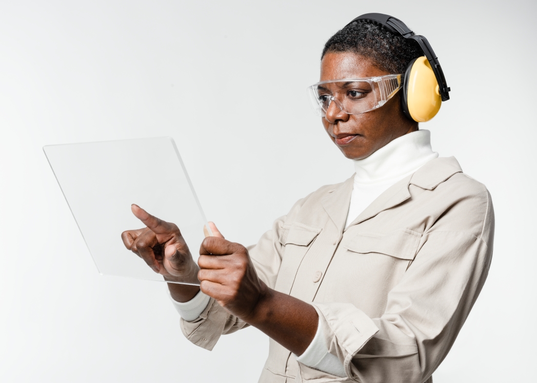 Picture of five (5) girls interacting with an iPad